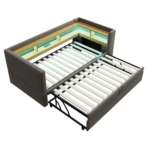 Sofá-cama extensível 90180*190 cm - com luzes LED, tomadas e compartimentos de arrumação - Cinza escuro