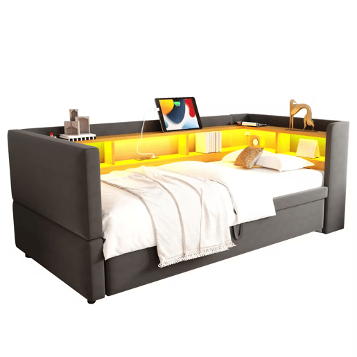 Sofá-cama extensível 90180*190 cm - com luzes LED, tomadas e compartimentos de arrumação - Cinza escuro