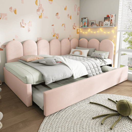 Cama divã 90x200 cm - Sofá-cama com cama extraível 90x190 cm, cama infantil com estrado, veludo, Rosa