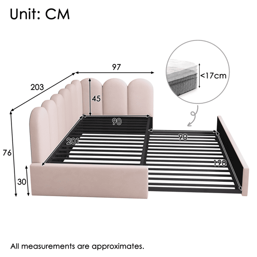 Cama divã 90x200 cm - Sofá-cama com cama extraível 90x190 cm, cama infantil com estrado, veludo, Rosa