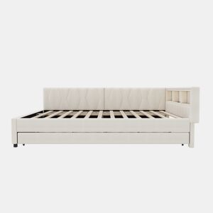 Cama de dia 140x200cm - Sofá-cama, compartimento de arrumação, USB+Tipo C, controlo remoto para luz LED, cama extensível, com estrado, lençóis - Bege