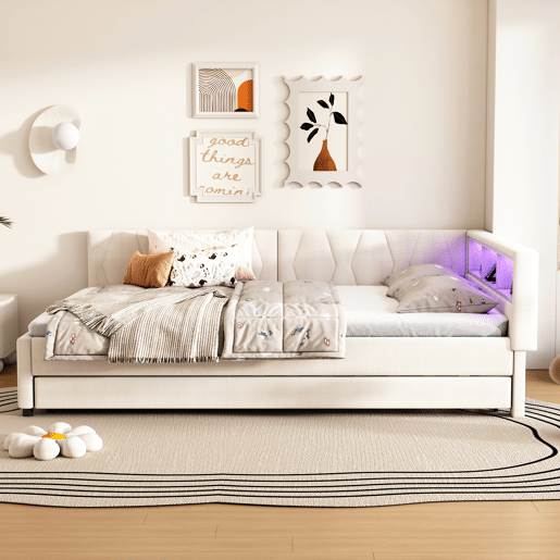 Cama de dia 140x200cm - Sofá-cama, compartimento de arrumação, USB+Tipo C, controlo remoto para luz LED, cama extensível, com estrado, lençóis - Bege