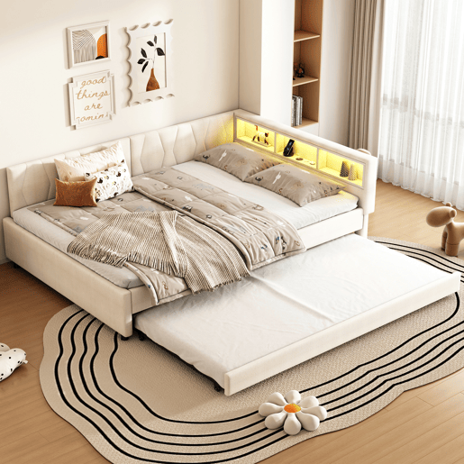 Cama de dia 140x200cm - Sofá-cama, compartimento de arrumação, USB+Tipo C, controlo remoto para luz LED, cama extensível, com estrado, lençóis - Bege