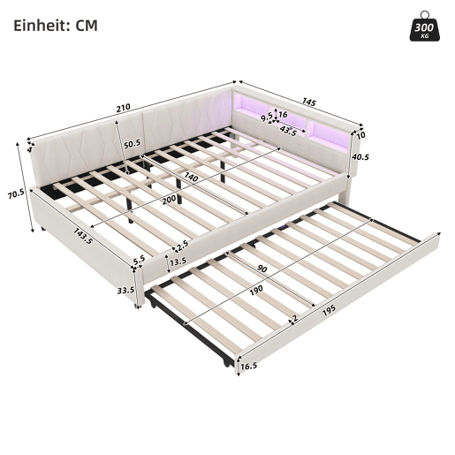 Cama de dia 140x200cm - Sofá-cama, compartimento de arrumação, USB+Tipo C, controlo remoto para luz LED, cama extensível, com estrado, lençóis - Bege