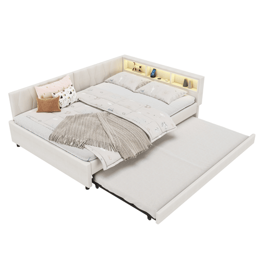 Cama de dia 140x200cm - Sofá-cama, compartimento de arrumação, USB+Tipo C, controlo remoto para luz LED, cama extensível, com estrado, lençóis - Bege