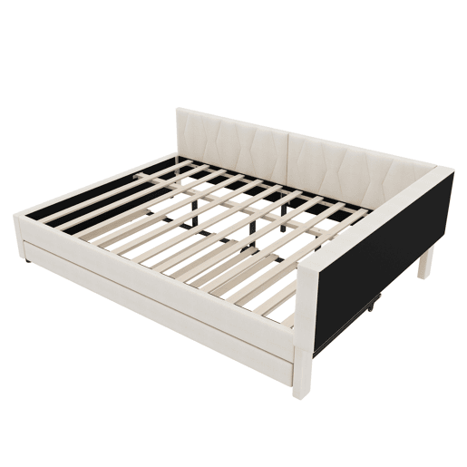 Cama de dia 140x200cm - Sofá-cama, compartimento de arrumação, USB+Tipo C, controlo remoto para luz LED, cama extensível, com estrado, lençóis - Bege