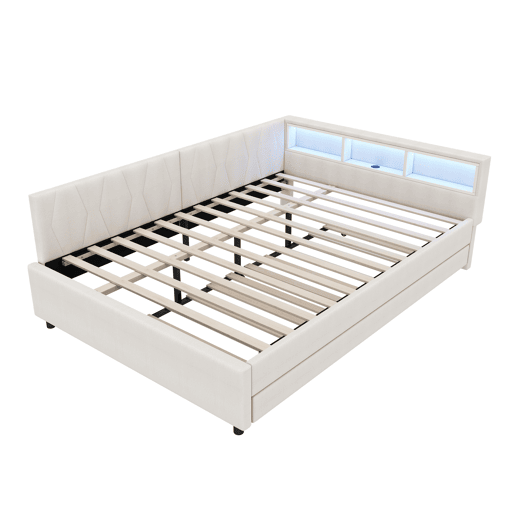 Cama de dia 140x200cm - Sofá-cama, compartimento de arrumação, USB+Tipo C, controlo remoto para luz LED, cama extensível, com estrado, lençóis - Bege