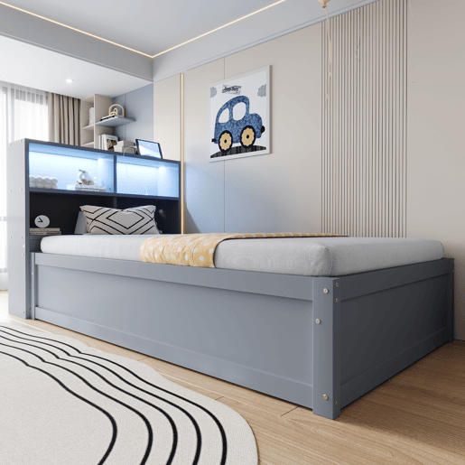 Sofá-cama 90*200 - com várias tomadas, compartimentos de arrumação, luz LED, cama hidráulica, cama individual, multifuncional - Cinza