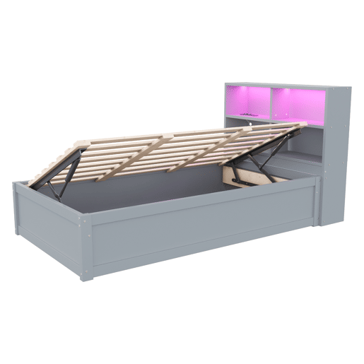 Sofá-cama 90*200 - com várias tomadas, compartimentos de arrumação, luz LED, cama hidráulica, cama individual, multifuncional - Cinza