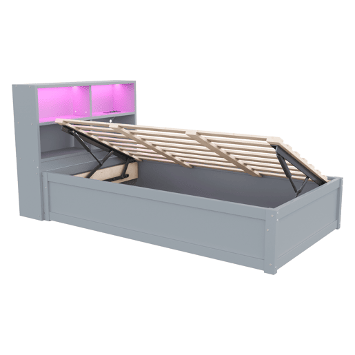 Sofá-cama 90*200 - com várias tomadas, compartimentos de arrumação, luz LED, cama hidráulica, cama individual, multifuncional - Cinza