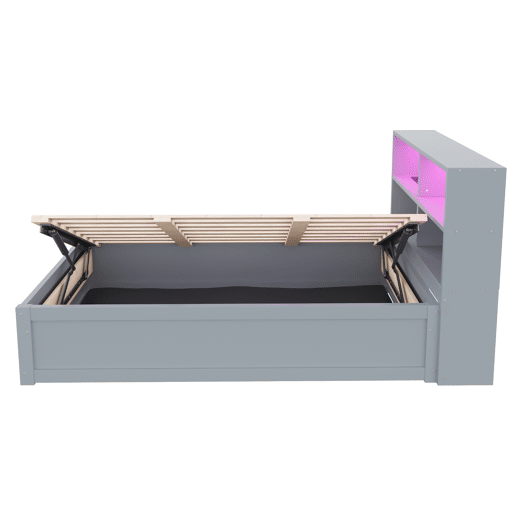 Sofá-cama 90*200 - com várias tomadas, compartimentos de arrumação, luz LED, cama hidráulica, cama individual, multifuncional - Cinza