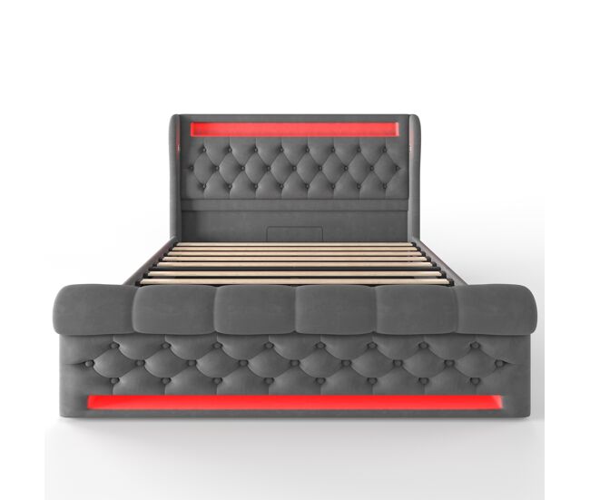 Cama tapizada 160x200cm - con led, cabezal de almacenamiento con puertos usb y tipo-c, cama hidráulica - gris