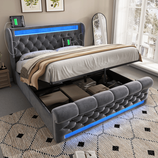 Cama estofada 160x200cm - Com LED, cabeceira com porta USB e Type-C, cama hidráulica - Cinza