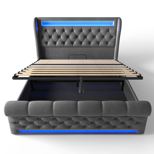 Cama estofada 160x200cm - Com LED, cabeceira com porta USB e Type-C, cama hidráulica - Cinza