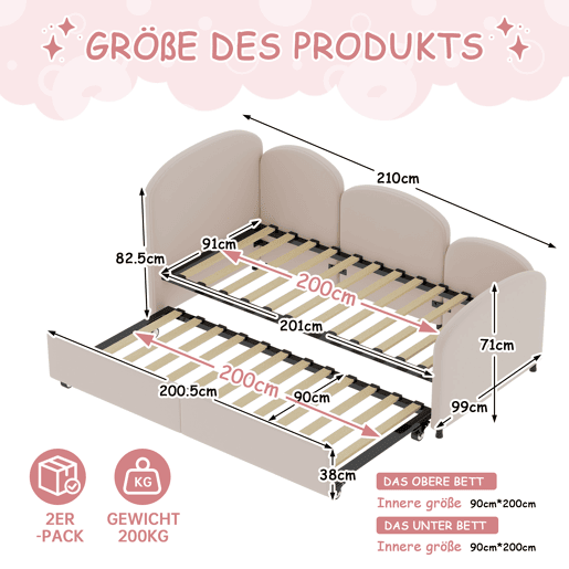 Sofá-cama tamanho twin - com gavetas de arrumação, estofado em veludo - rosa
