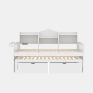 Sofá-cama 90x200 - Cama extensível 90x190 com duas gavetas, grande compartimento de arrumação e cesto, porta USB - Branco
