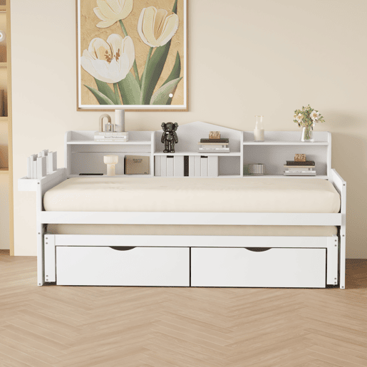 Sofá-cama 90x200 - Cama extensível 90x190 com duas gavetas, grande compartimento de arrumação e cesto, porta USB - Branco Sofá-cama 90x200 - Cama extensível 90x190 com duas gavetas, grande compartimento de arrumação e cesto, porta USB - Branco