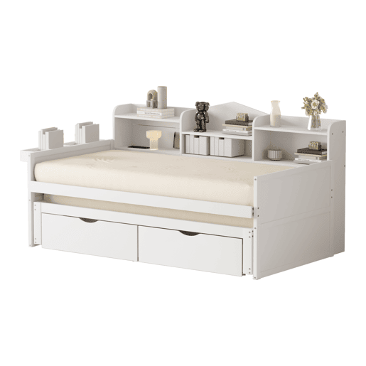 Sofá-cama 90x200 - Cama extensível 90x190 com duas gavetas, grande compartimento de arrumação e cesto, porta USB - Branco Sofá-cama 90x200 - Cama extensível 90x190 com duas gavetas, grande compartimento de arrumação e cesto, porta USB - Branco
