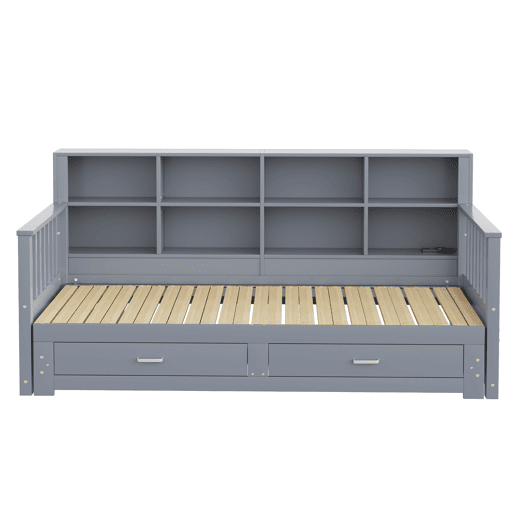 Sofá-cama extensível 90180x190 cm - Com armário de arrumação, 2 gavetas e estrado, multifuncional - Cinza