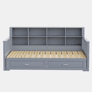 Sofá-cama extensível 90180x190 cm - Com armário de arrumação, 2 gavetas e estrado, multifuncional - Cinza
