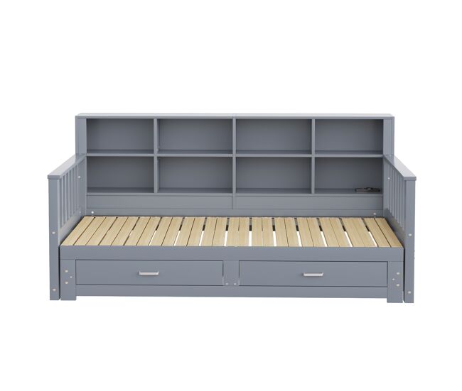 Sofá cama extensible 90/180x190 cm - con armario de almacenamiento, 2 cajones y somier, multifuncional - gris