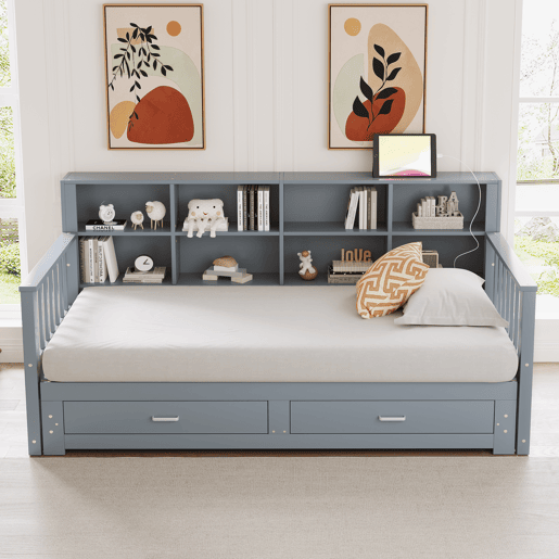 Sofá-cama extensível 90180x190 cm - Com armário de arrumação, 2 gavetas e estrado, multifuncional - Cinza