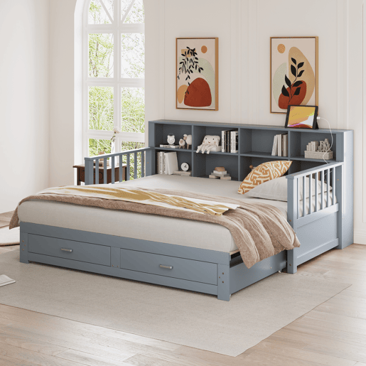 Sofá-cama extensível 90180x190 cm - Com armário de arrumação, 2 gavetas e estrado, multifuncional - Cinza