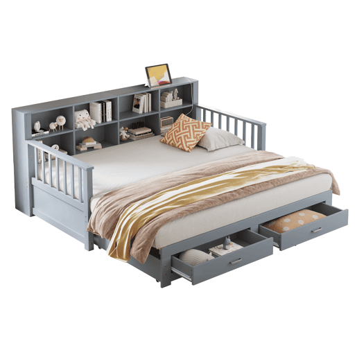 Sofá-cama extensível 90180x190 cm - Com armário de arrumação, 2 gavetas e estrado, multifuncional - Cinza