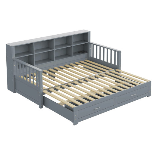 Sofá-cama extensível 90180x190 cm - Com armário de arrumação, 2 gavetas e estrado, multifuncional - Cinza