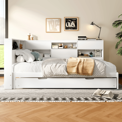 Cama nido 90x200 cm - sofá-cama, cabeceira com arrumação, cama extraível, sem colchão - branco