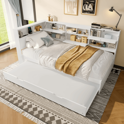 Cama nido 90x200 cm - sofá-cama, cabeceira com arrumação, cama extraível, sem colchão - branco