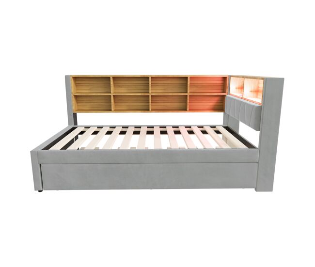 Sofá cama 90x200 - cama extensible 90x190, con luces led, enchufes y compartimentos de almacenamiento - gris claro