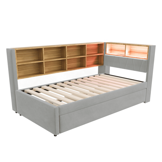 Sofá-cama 90x200 - Cama extensível 90x190, com luzes LED, tomadas e compartimentos de arrumação - Cinza claro