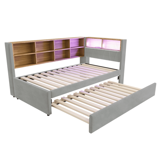 Sofá-cama 90x200 - Cama extensível 90x190, com luzes LED, tomadas e compartimentos de arrumação - Cinza claro