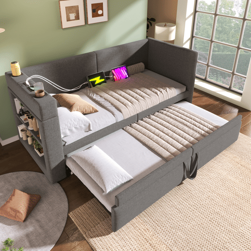 Sofá-cama 90x200 cm - Sofá individual com cama extraível, apoios de braços com portas USB e Type-C e porta-copos - Cinza