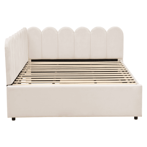 Sofá-cama em forma de L 140x200 cm - Encosto com flores e cama extensível - Samt Beige