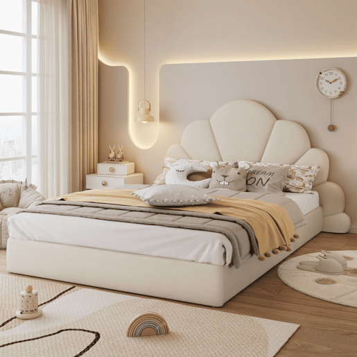 Cama de casal 140x200 - cabeceira com pétalas curvas, estilo moderno e confortável - Bege Cama de casal 140x200 - cabeceira com pétalas curvas, estilo moderno e confortável - Bege
