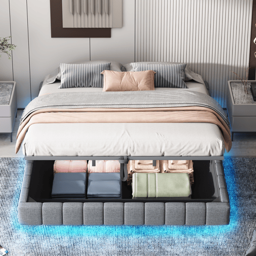 Cama estofada 180x200 cm - Estrutura flutuante hidráulica com arrumação, cama multifuncional sem cabeceira com luz LED - Linho Cinza