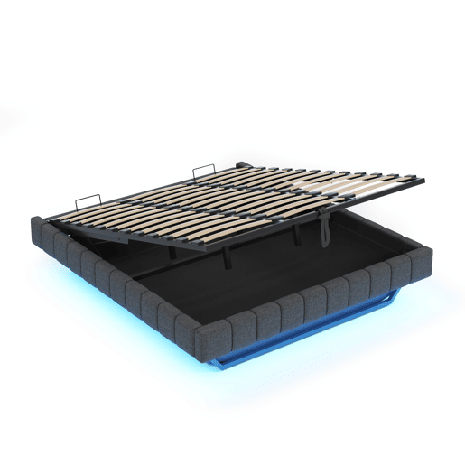 Cama estofada 180x200 cm - Estrutura flutuante hidráulica com arrumação, cama multifuncional sem cabeceira com luz LED - Linho Cinza