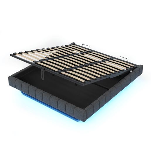 Cama estofada 180x200 cm - Estrutura flutuante hidráulica com arrumação, cama multifuncional sem cabeceira com luz LED - Linho Cinza