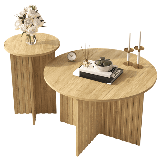 Conjunto de 2 mesas de centro aninhada redondas de mdf,natural