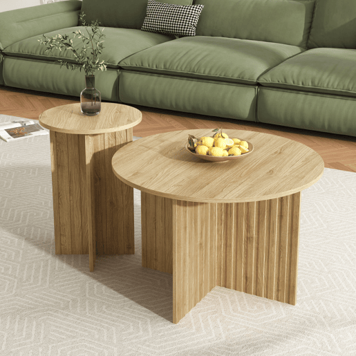 Conjunto de 2 mesas de centro aninhada redondas de mdf,natural