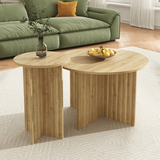 Conjunto de 2 mesas de centro aninhada redondas de mdf,natural