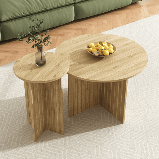 Conjunto de 2 mesas de centro aninhada redondas de mdf,natural