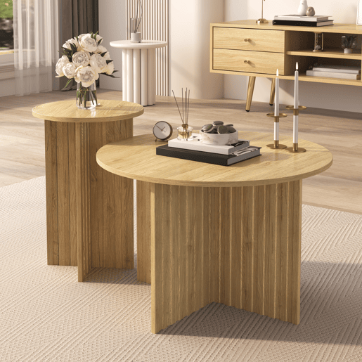 Conjunto de 2 mesas de centro aninhada redondas de mdf,natural