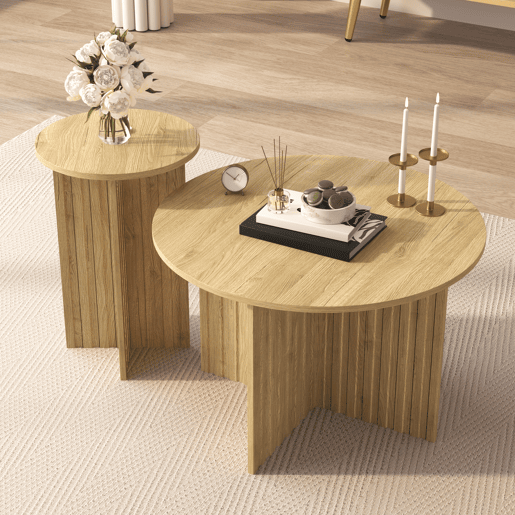 Conjunto de 2 mesas de centro aninhada redondas de mdf,natural