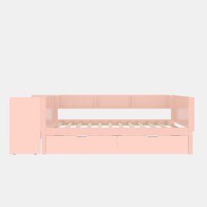Cama individual 90x200cm - com secretária, 2 gavetas, prateleiras, madeira de pinho + MDF - Rosa