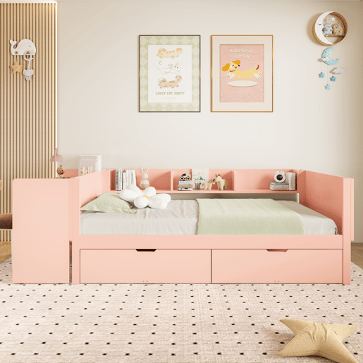 Cama individual 90x200cm - com secretária, 2 gavetas, prateleiras, madeira de pinho + MDF - Rosa