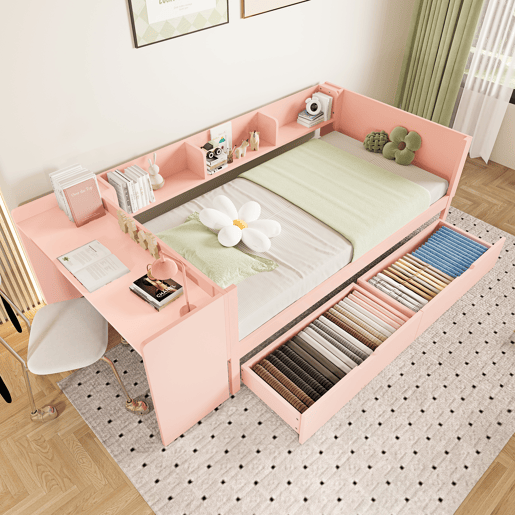Cama individual 90x200cm - com secretária, 2 gavetas, prateleiras, madeira de pinho + MDF - Rosa