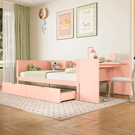 Cama individual 90x200cm - com secretária, 2 gavetas, prateleiras, madeira de pinho + MDF - Rosa